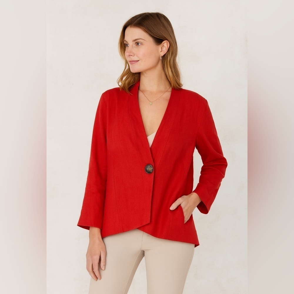 Lafayette 148 Red Linen Lagenlook One Button Blazer Jacket Lightweight Size S